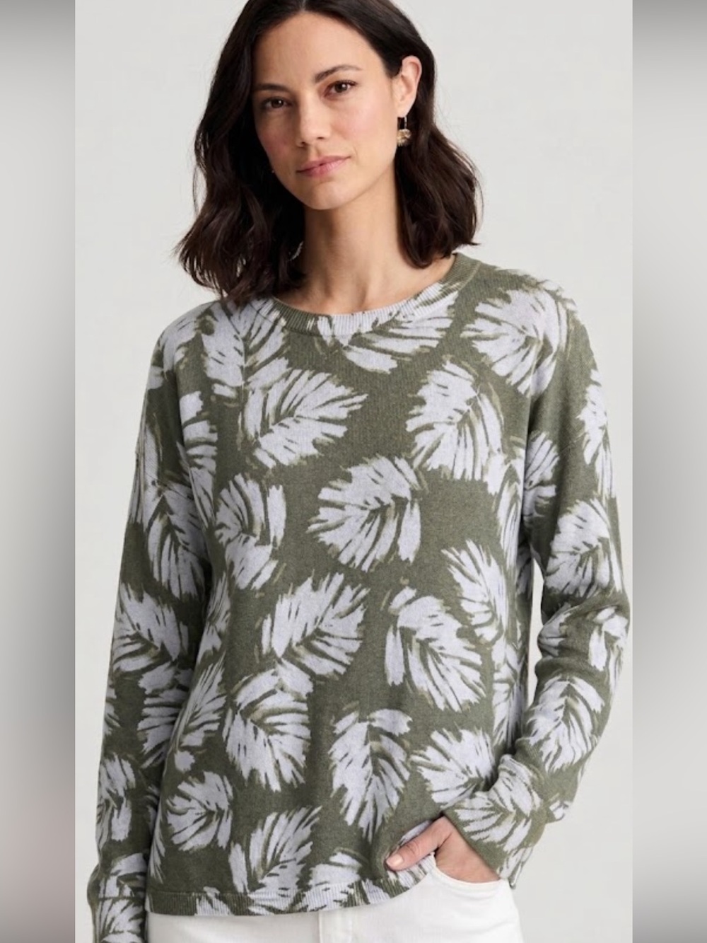 J Jill size L Green Leaf-Print Crewneck linen blend pullover relaxed fit Sweater